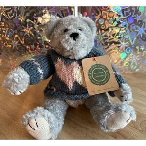 Boyds Bears Teddy Bear Floyd Gray Posable Blue Knit Sweater Hearts 9.5 Inch 1997